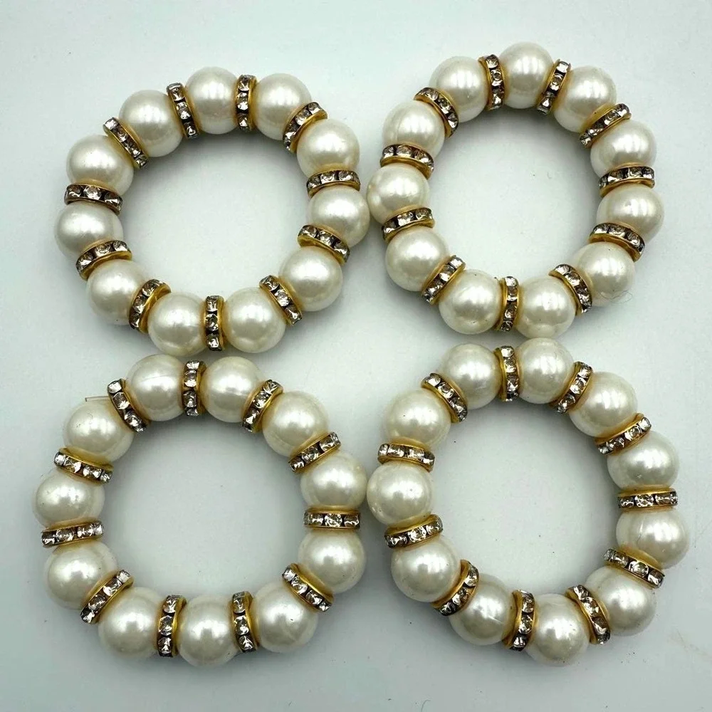 Set of 4 Faux Pearl and Rhinestone Napkin‎ Rings Gold Tone Table Decor Elegant